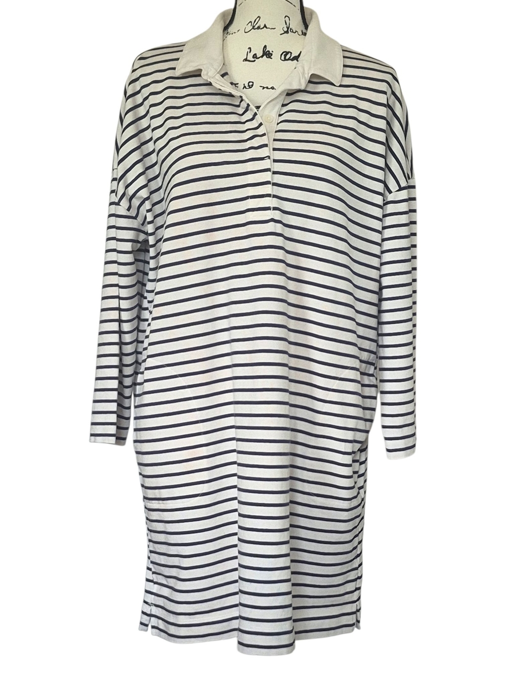 Striped Polo Dress XL Navy Cream Cotton Oversized Coastal Nautical Preppy Resort